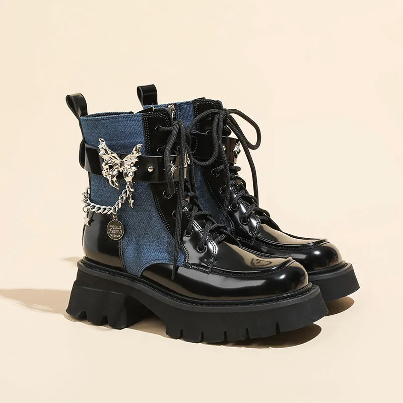 Advbridge shoes 2024 Autumn New Liquid Butterfly Martin Boots Thick Bottom Casual Lightweight Denim Knight Boots Women's Short Boots Women's Chunky Heel