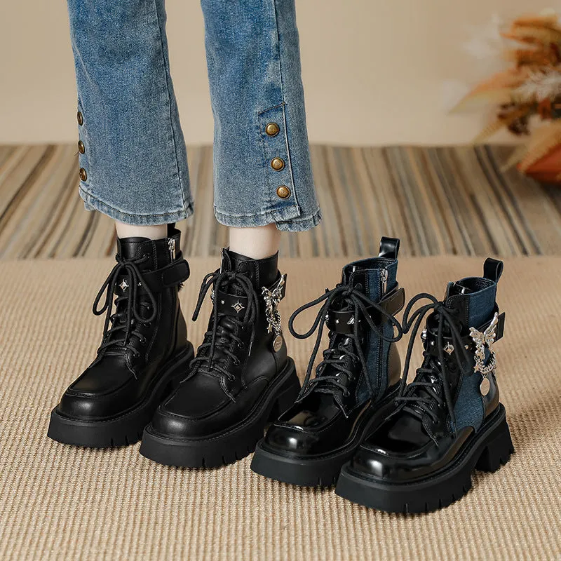 Advbridge shoes 2024 Autumn New Liquid Butterfly Martin Boots Thick Bottom Casual Lightweight Denim Knight Boots Women's Short Boots Women's Chunky Heel