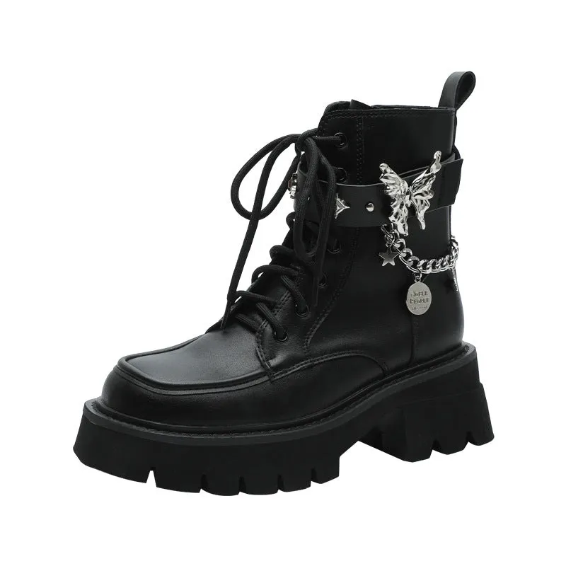 Advbridge shoes 2024 Autumn New Liquid Butterfly Martin Boots Thick Bottom Casual Lightweight Denim Knight Boots Women's Short Boots Women's Chunky Heel