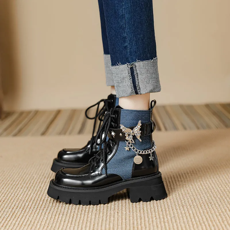 Advbridge shoes 2024 Autumn New Liquid Butterfly Martin Boots Thick Bottom Casual Lightweight Denim Knight Boots Women's Short Boots Women's Chunky Heel