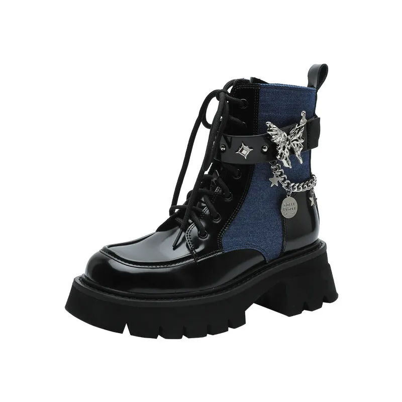 Advbridge shoes 2024 Autumn New Liquid Butterfly Martin Boots Thick Bottom Casual Lightweight Denim Knight Boots Women's Short Boots Women's Chunky Heel