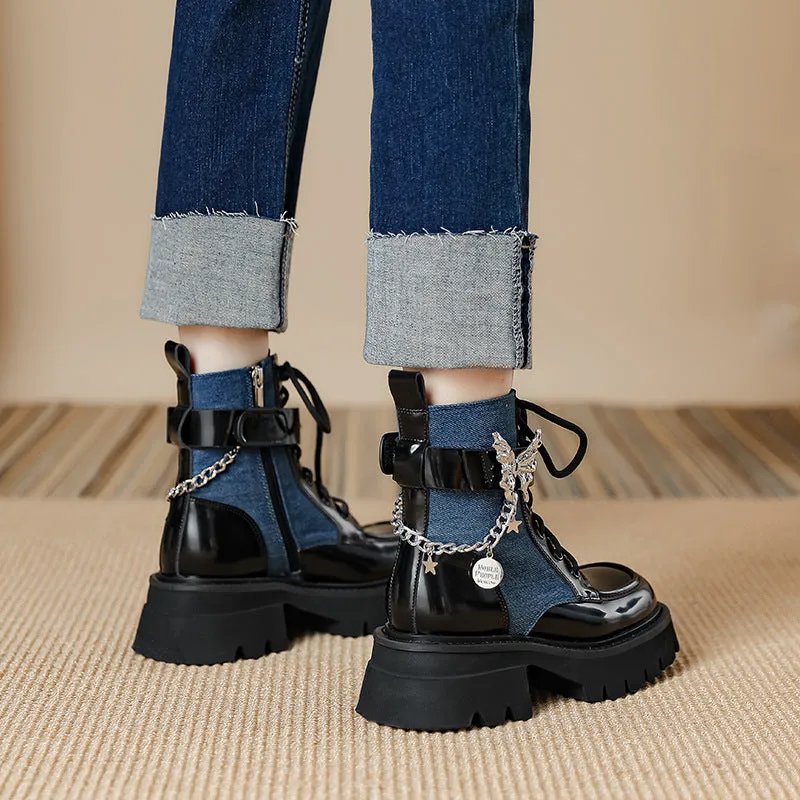 Advbridge shoes 2024 Autumn New Liquid Butterfly Martin Boots Thick Bottom Casual Lightweight Denim Knight Boots Women's Short Boots Women's Chunky Heel
