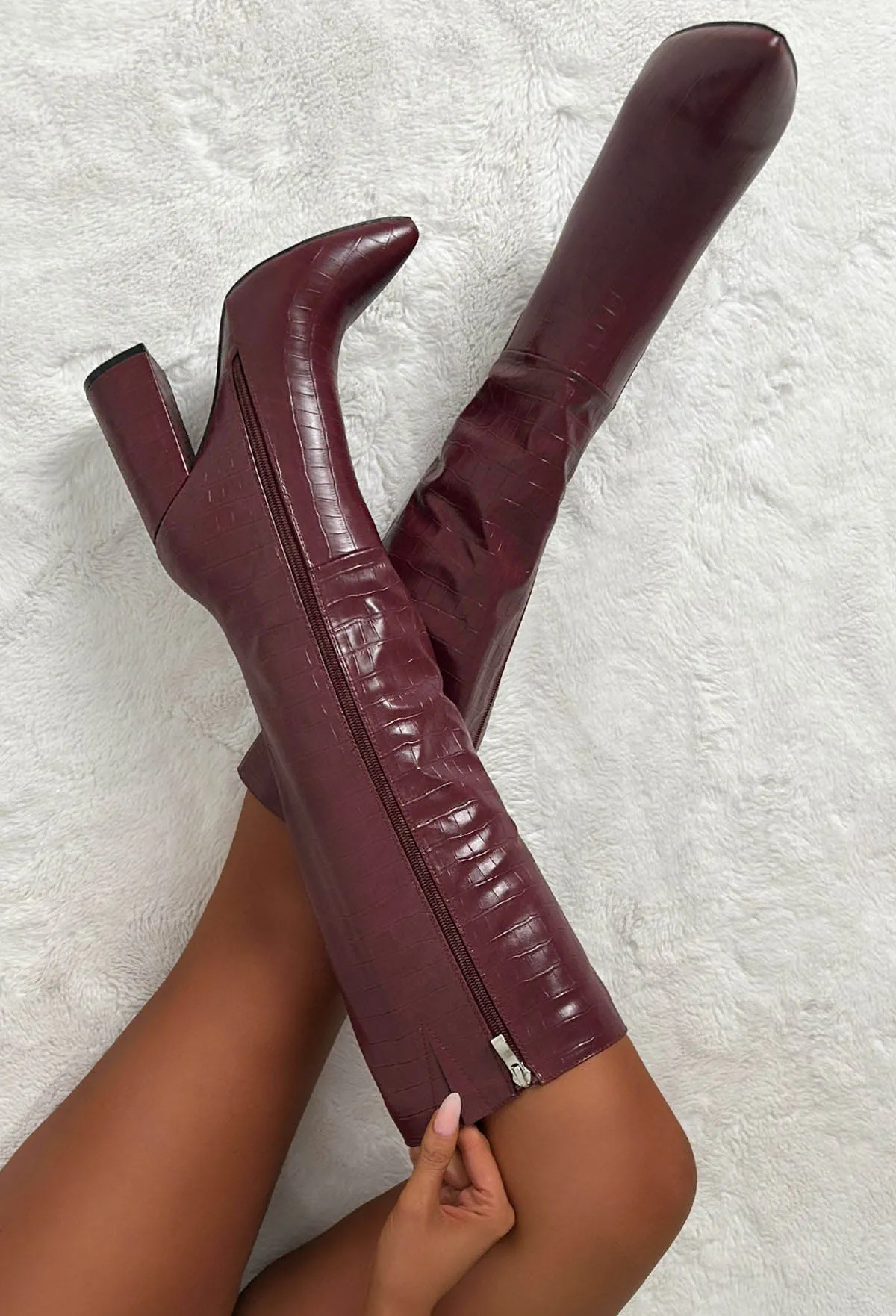 All You Want Wine Croc Effect Knee High Heel Boots