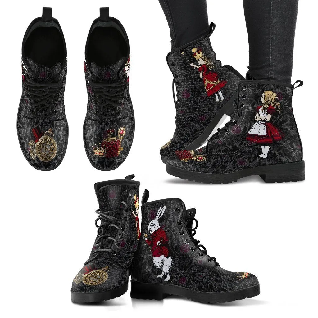 Combat Boots - Alice in Wonderland Gifts #35 | Women's Black Hipster Boots, Vegan Leather Lace Up Boots, Handmade Lace Up Boots, Custom Shoes