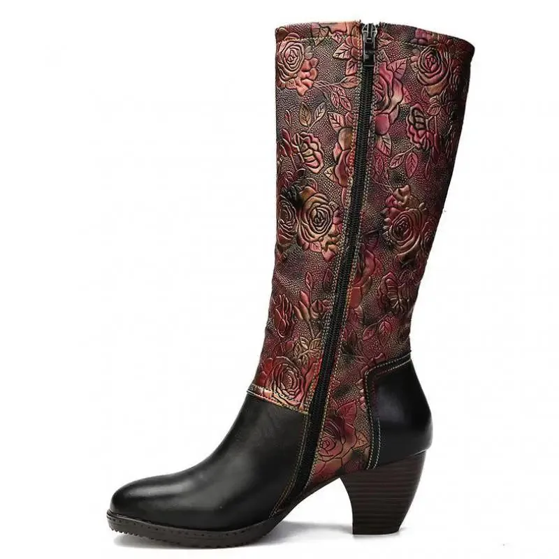 Handmade Embossed Print Rivet Plush Zip Boots