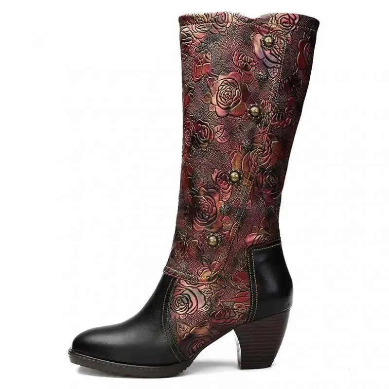 Handmade Embossed Print Rivet Plush Zip Boots