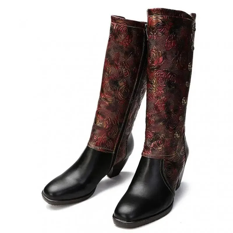 Handmade Embossed Print Rivet Plush Zip Boots