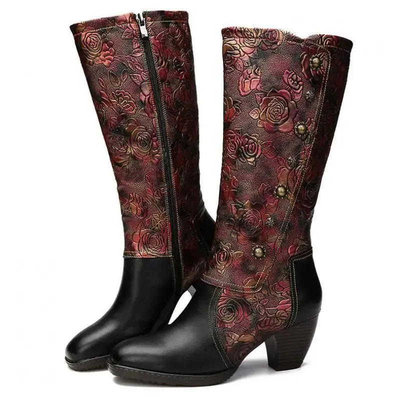Handmade Embossed Print Rivet Plush Zip Boots