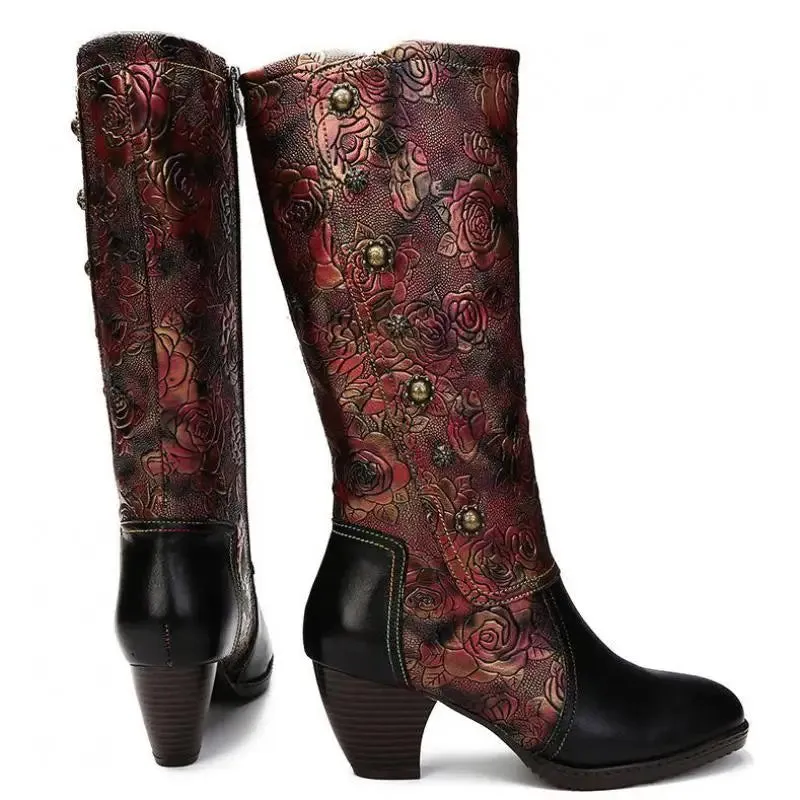 Handmade Embossed Print Rivet Plush Zip Boots