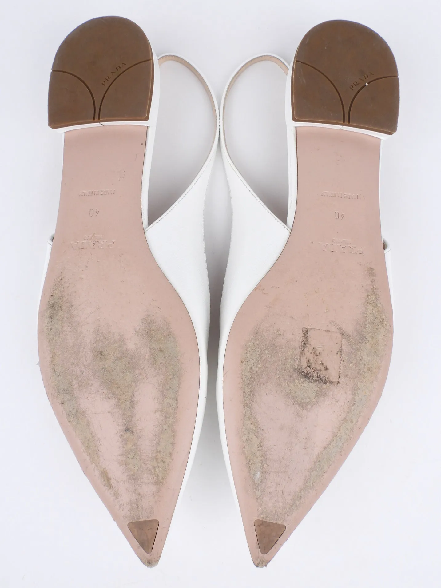 Prada White Shiny Saffiano Leather Bow Accent Slingback Pointed Flats - 40