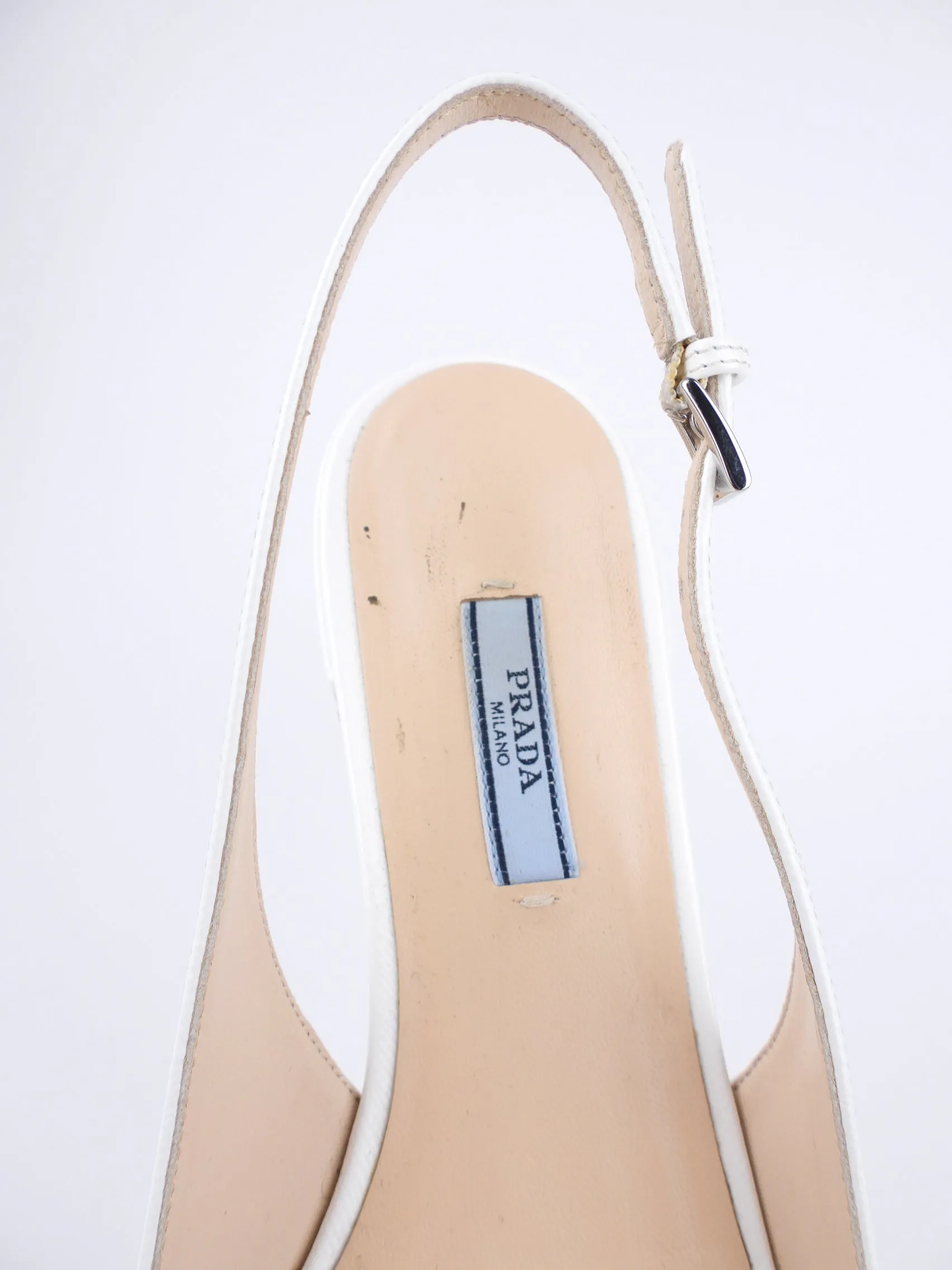 Prada White Shiny Saffiano Leather Bow Accent Slingback Pointed Flats - 40