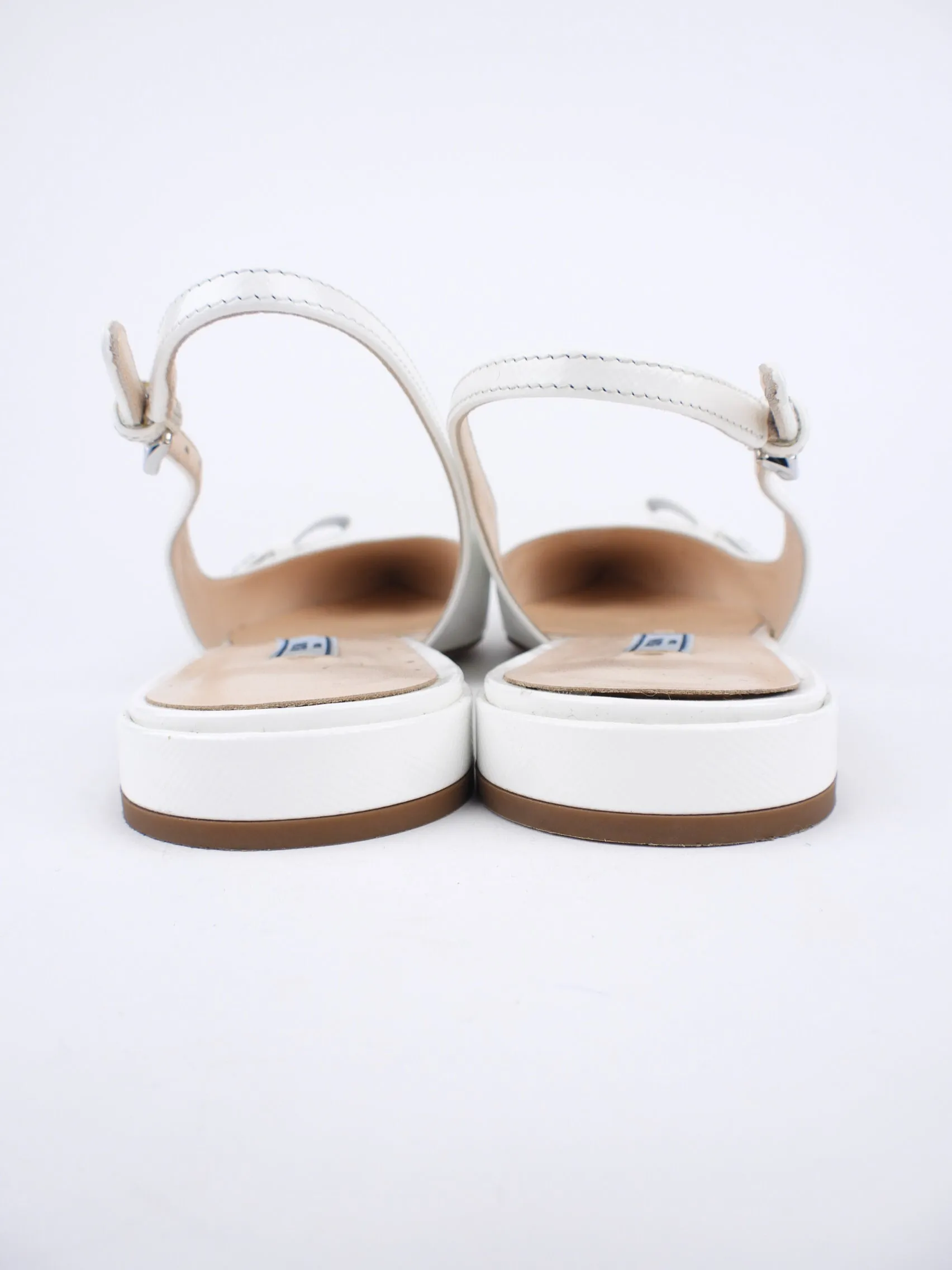 Prada White Shiny Saffiano Leather Bow Accent Slingback Pointed Flats - 40