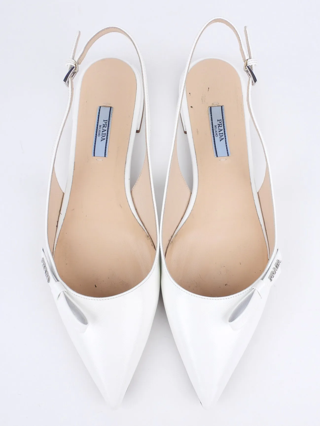 Prada White Shiny Saffiano Leather Bow Accent Slingback Pointed Flats - 40