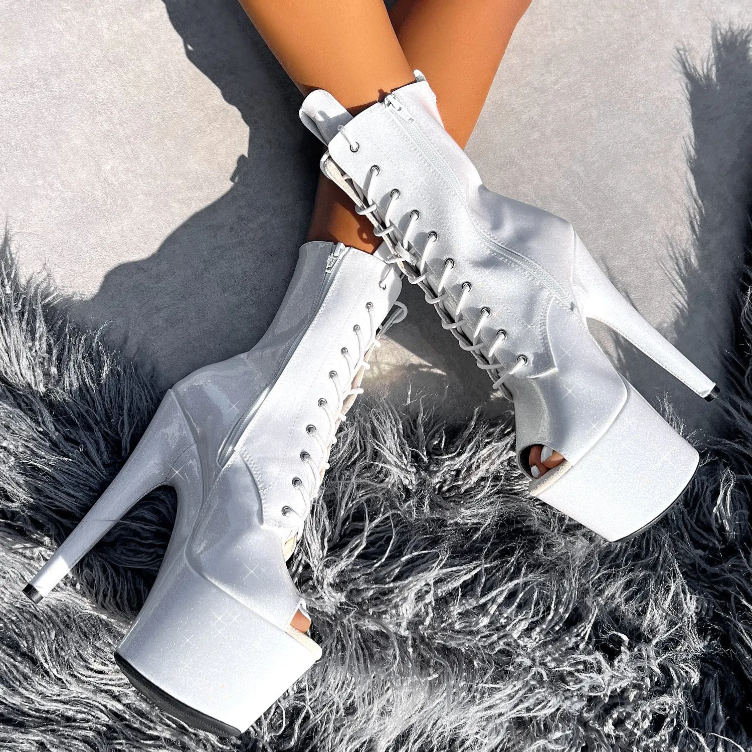 The Glitterati Open Toe Boot - Snow Kween - 7 INCH