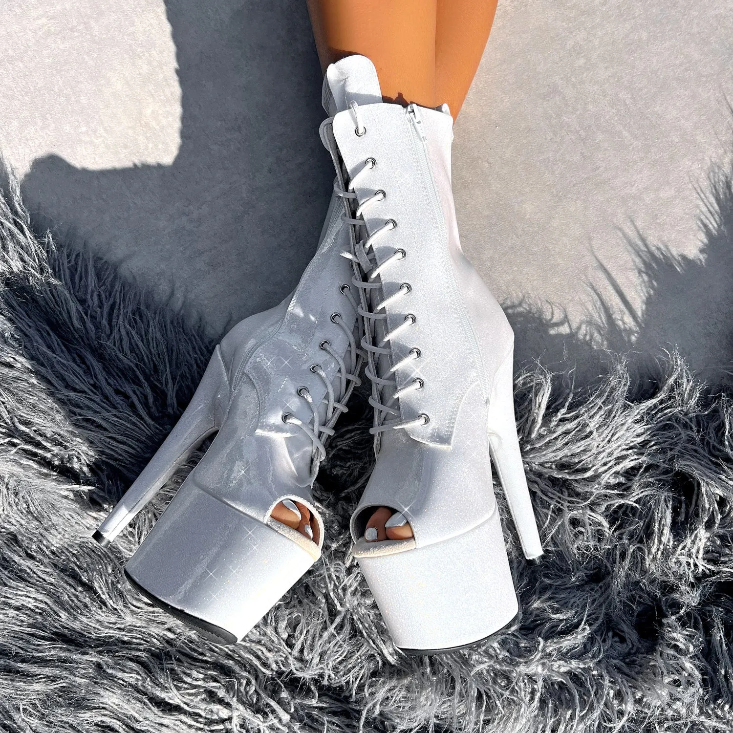 The Glitterati Open Toe Boot - Snow Kween - 7 INCH