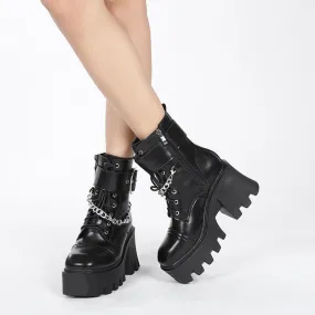 Women's Black Square Toe Platform Boots with Belt Buckle and Chain