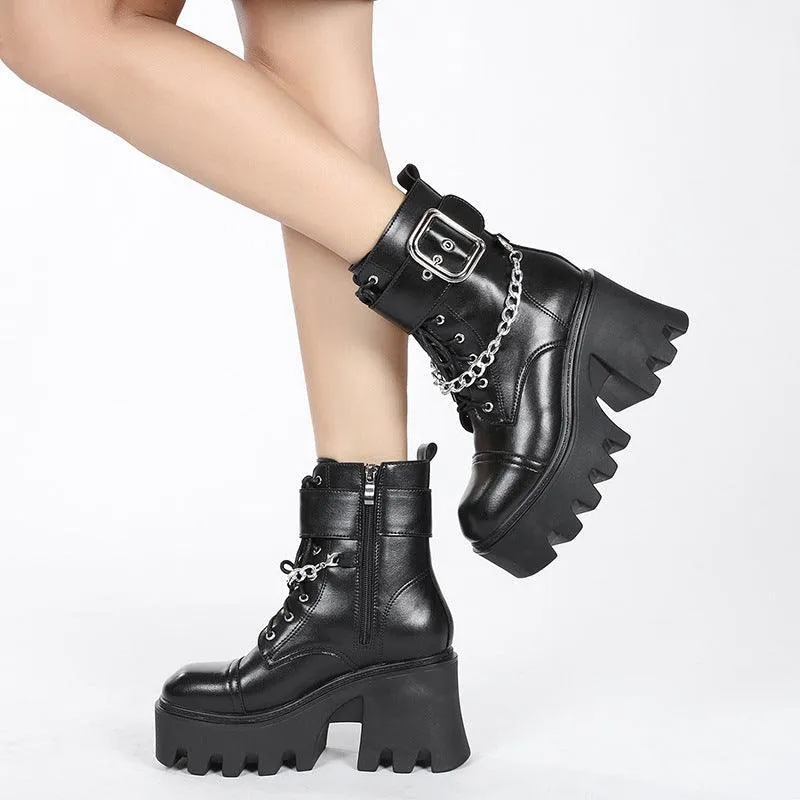 Women's Black Square Toe Platform Boots with Belt Buckle and Chain