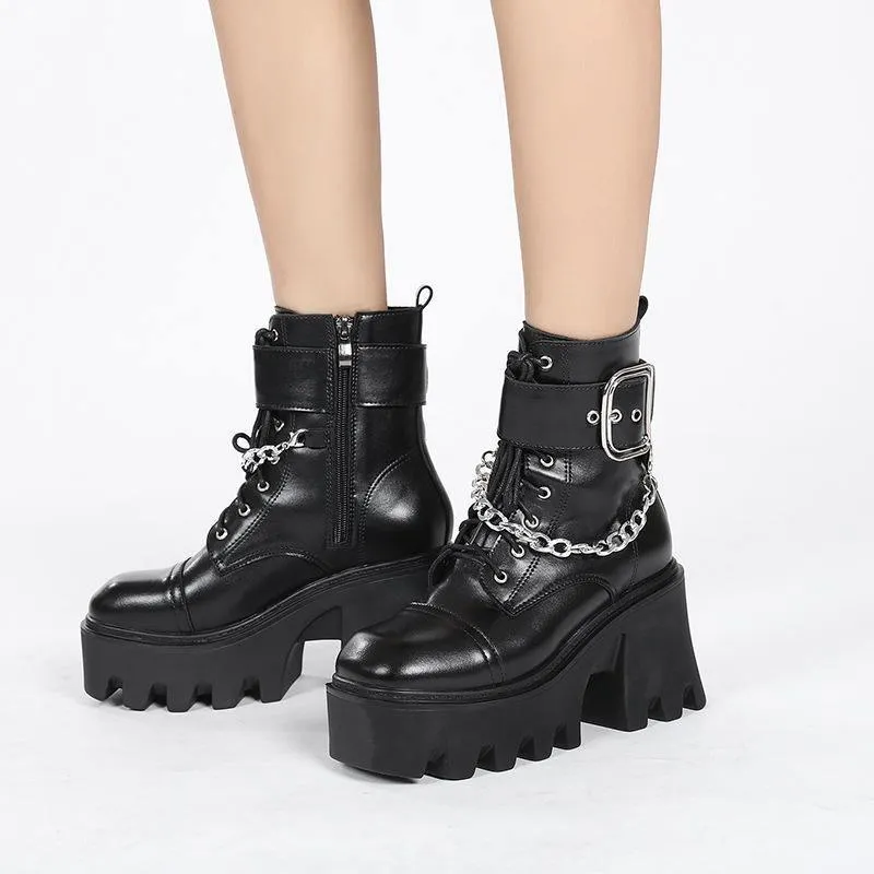 Women's Black Square Toe Platform Boots with Belt Buckle and Chain