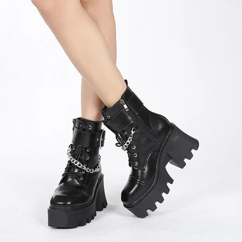 Women's Black Square Toe Platform Boots with Belt Buckle and Chain