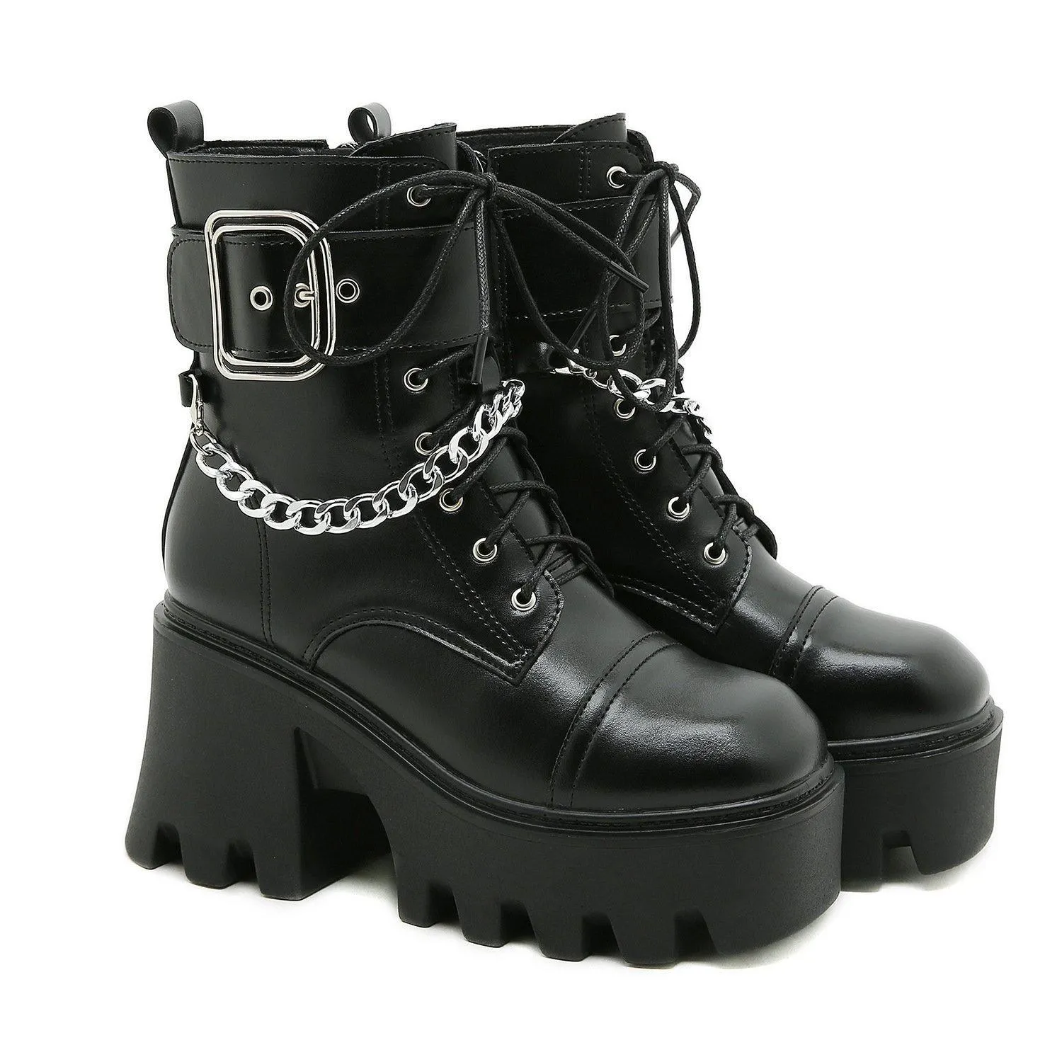 Women's Black Square Toe Platform Boots with Belt Buckle and Chain