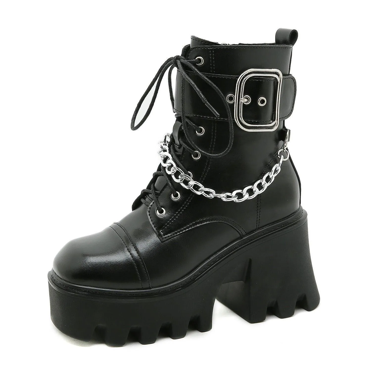 Women's Black Square Toe Platform Boots with Belt Buckle and Chain