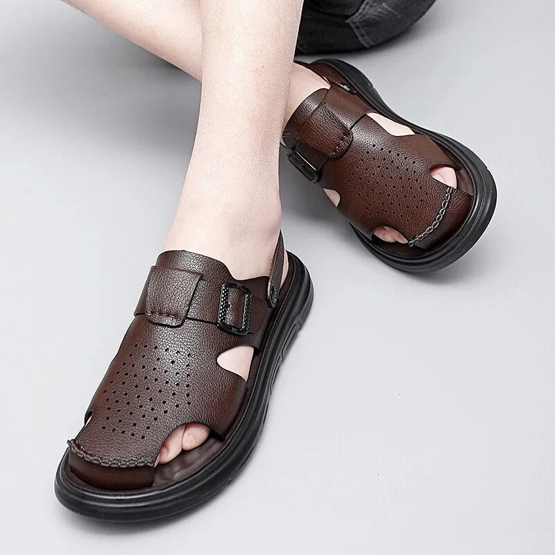 Xituodai  Mens Summer Leather Shoes Sandals New Fashion Antiskid Beach Summer Shoes Retro Style Male Slippers Dual-Purpose Driving Shoes